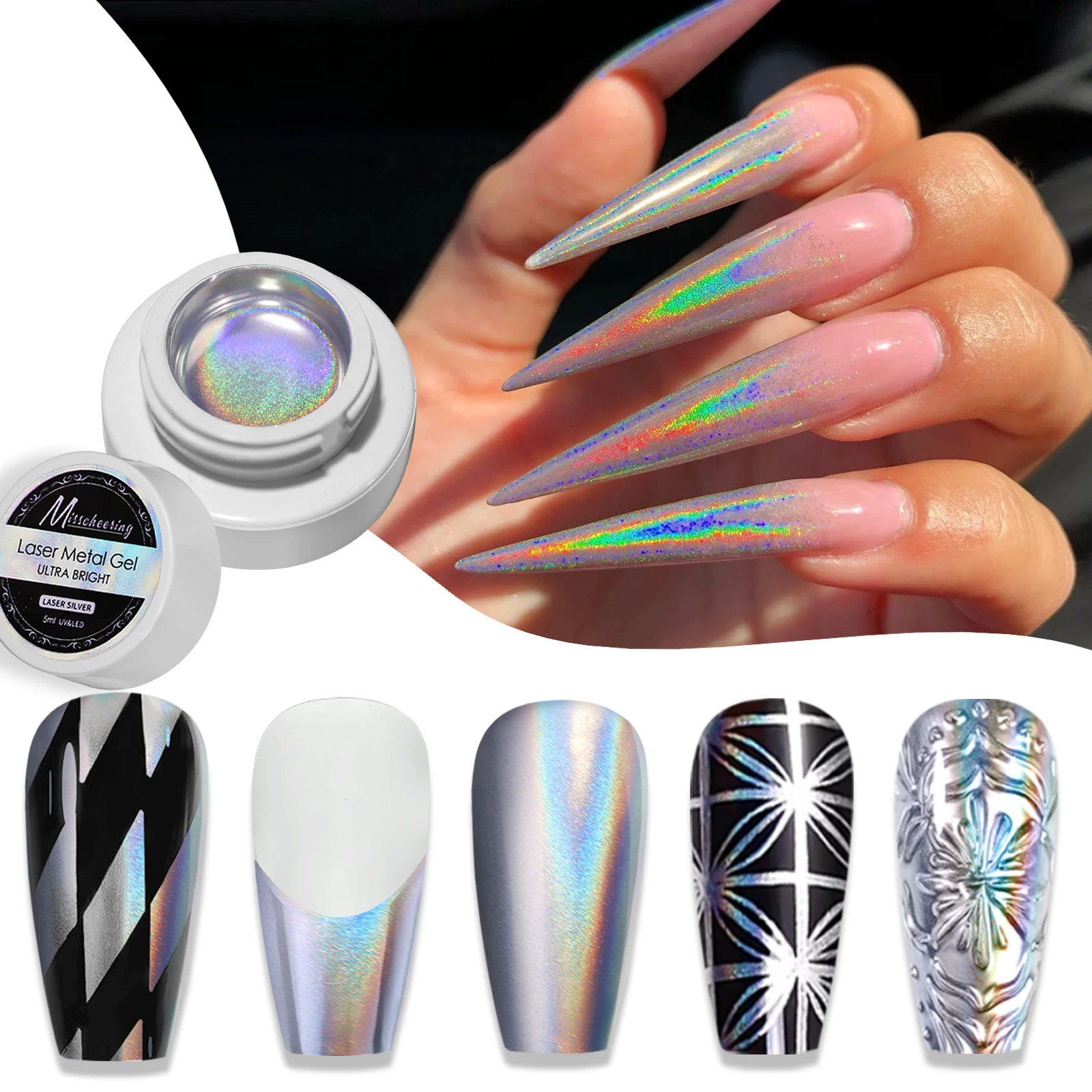 UVジェルネイルポリッシュ,5g,シルバーレーザー,メタリックエフェクト,花柄,ソークオフ,透明カラー