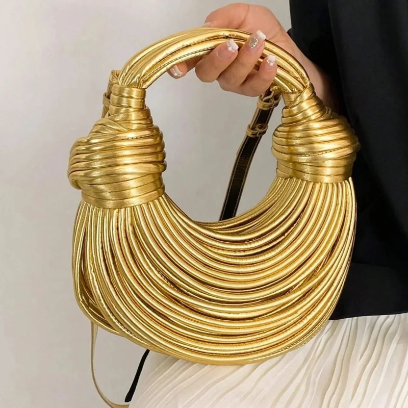 Gold Hobo Handbag Rope Knotted Pulled Clutch Women Luxury Designer Brand Handwoven Noodle Bags Evening Clutch Crossbody Bag