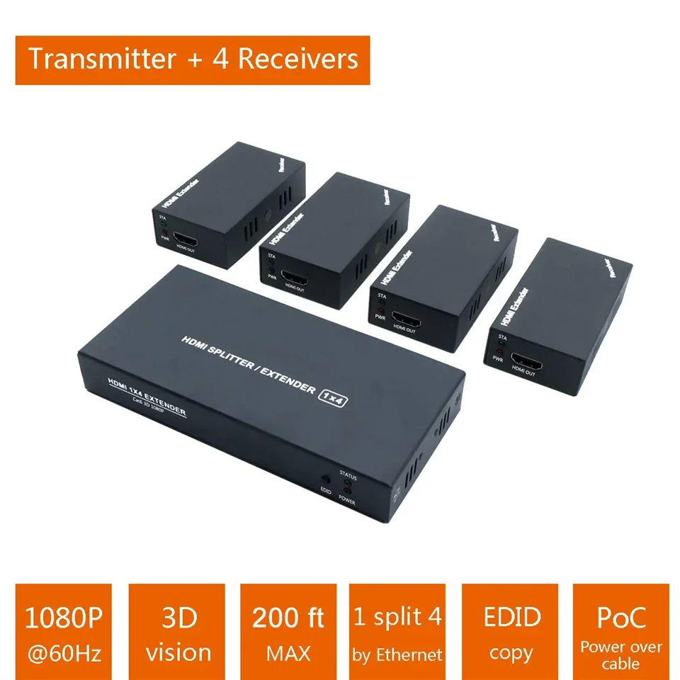 HDMI Splitter Extender, 1x4 HDMI Extender, Over Cat5e, CAT6 with 1 HDMI Input, 4 RJ45 Output, Full HD1080p, 60m