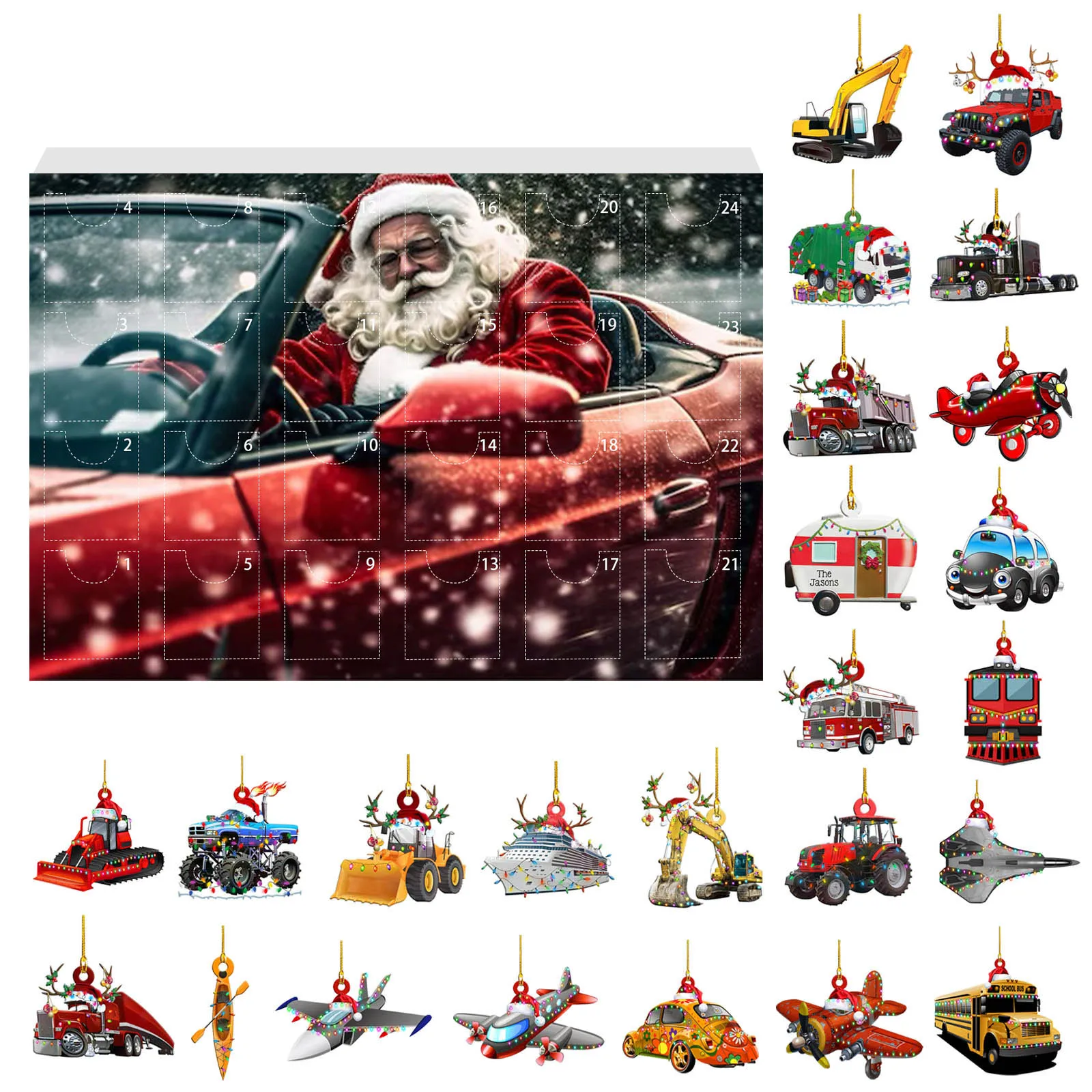 24pcs Car Pendants Christmas Advent Calendar Acrylic 2D Christmas Fantasy Car Charm Countdown Planes Keychain Playset 2025