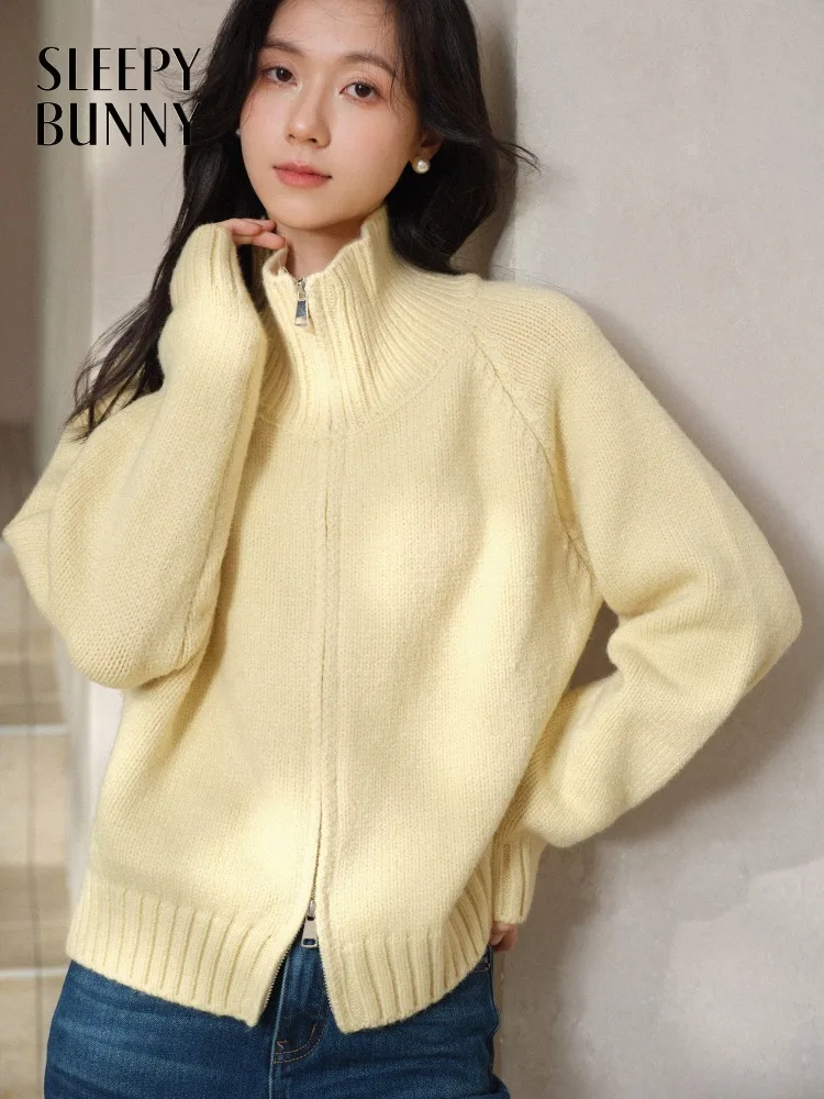 

Винтажный свитер с двойной молнией для женщин, теплая зимняя вязаная куртка с воротником-стойкой, мягкая толстая верхняя одежда, повседневная уютная повседневная одежда