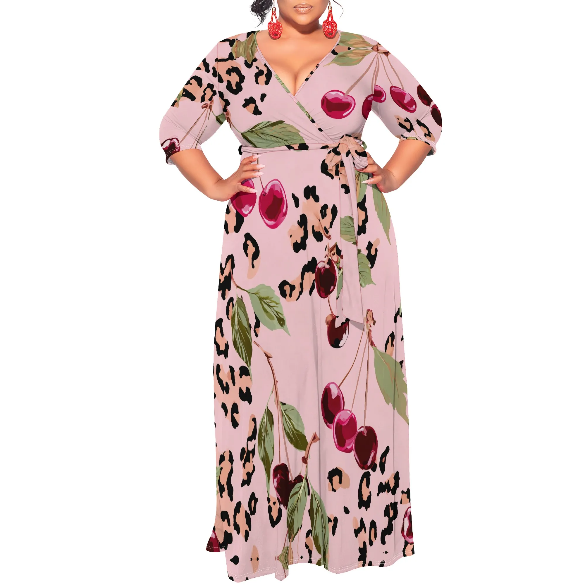 Cherry Leopard Print Wrap Dress XL-6XL V-Neck 3/4 Sleeve Belted Maxi Style for Summer Brunch, Picnic Date or Pride Party Look