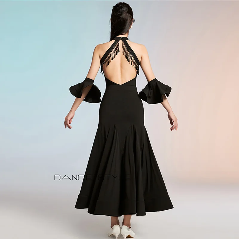 2025 neue Ballsaal Kleid Frauen Standard Modern Dance Kostüm Walzer Leistung Bühne Tragen Halter Schwarz Ballroom Dance Anzug 2582