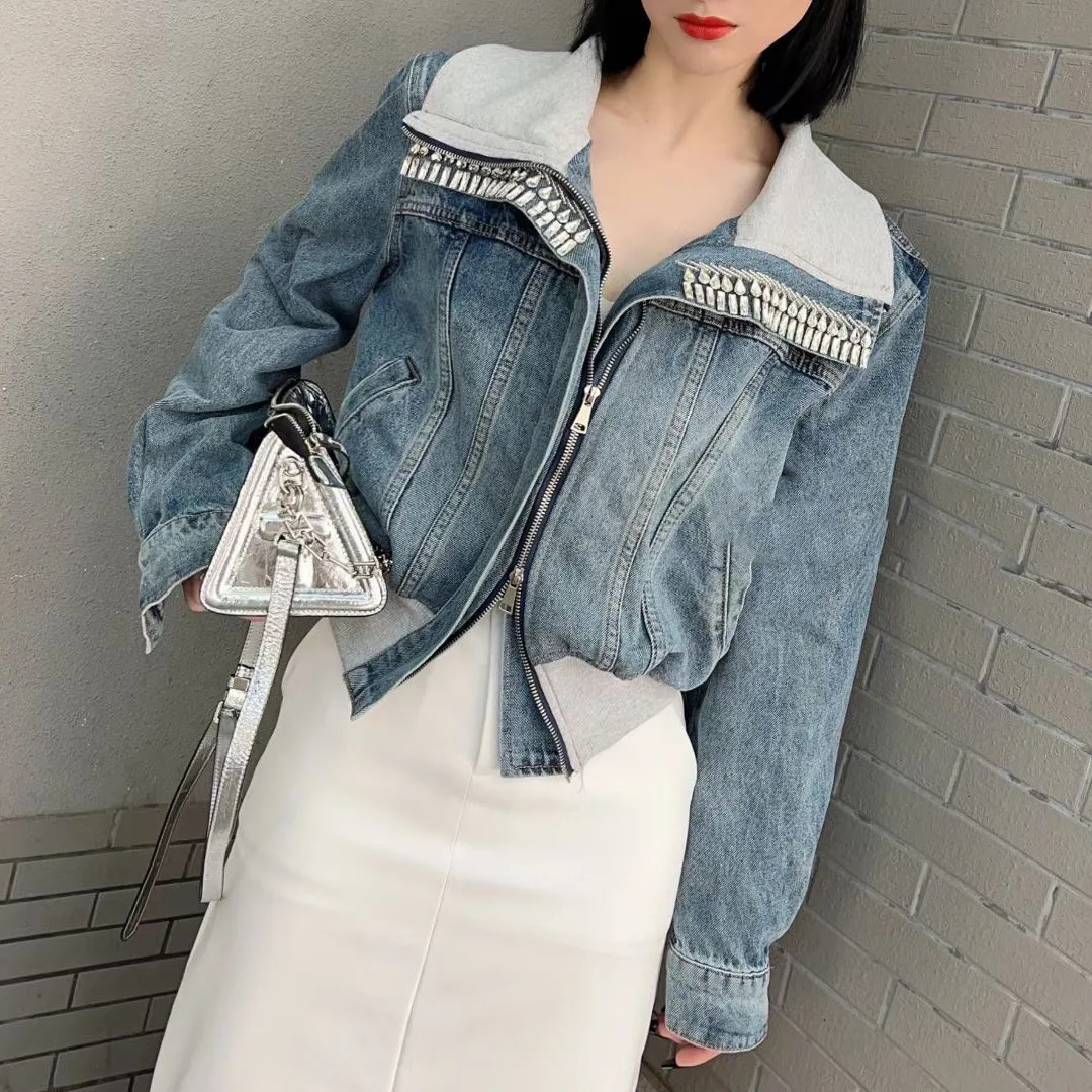 Large Lapel Denim Jacket Women's 2023 Spring New Popular Niche Fashion Foreign Fake Two-piece Top Cross-border Tide