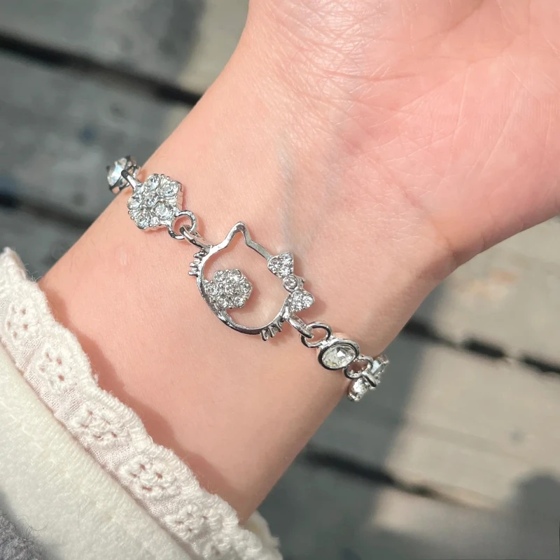 

New Kawaii Sanrio Hello Kitty Cute All Diamond Bracelet Light Luxury High-end Girl Bracelet Jewelry Gifts