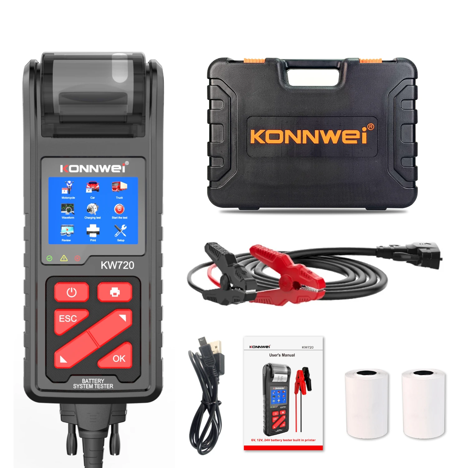 KONNWEI KW720 Battery Tester Analyzer Charging Cranking Test Tool for Car Motorcycle Truck with Integrated Printer 6V 12V 24V