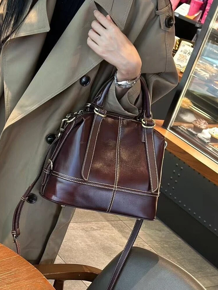 2024 Winter Autumn Big Capacity Retro Tote Vegetable Tanned Cowhide Leather Women\'s Handbag Green Yellow Quality Shoulder Bag