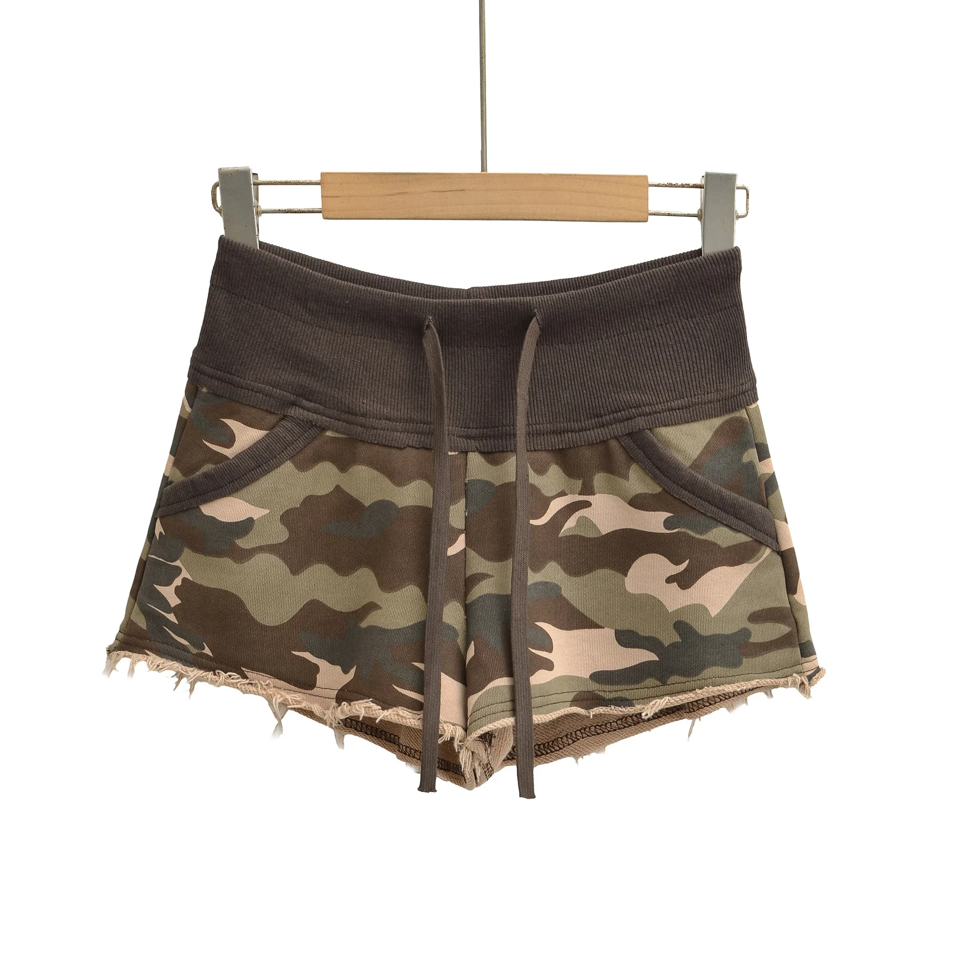 Women's Camouflage Print Drawstring Shorts High Waist Frayed Hem Casual Shorts Female Streetwear Summer Bottoms