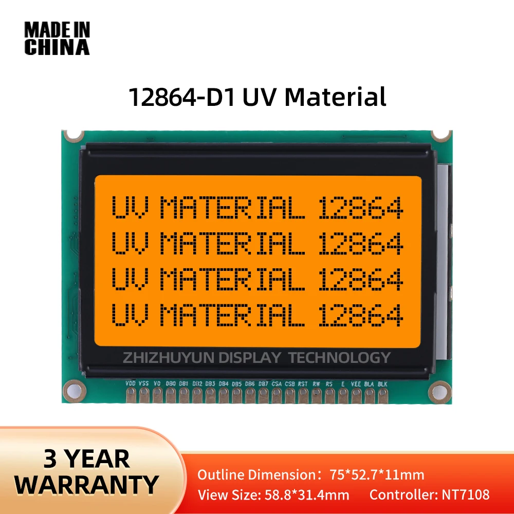 Pasokan stabil dari 12864-D1 bahan UV matriks titik grafis modul LCD cahaya oranye hitam layar tampilan NT7108