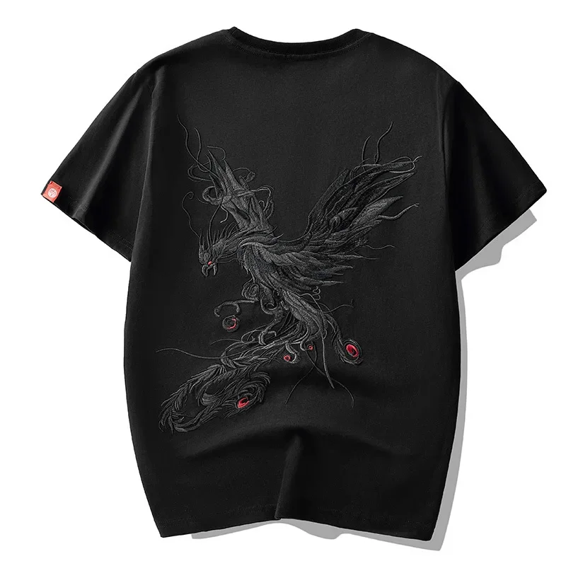 2023 Summer New Pure Cotton Loose Short Sleeve T-shirt Men\'s National Trend Chinese Style Phoenix Embroidery T Shirt Men M-5XL