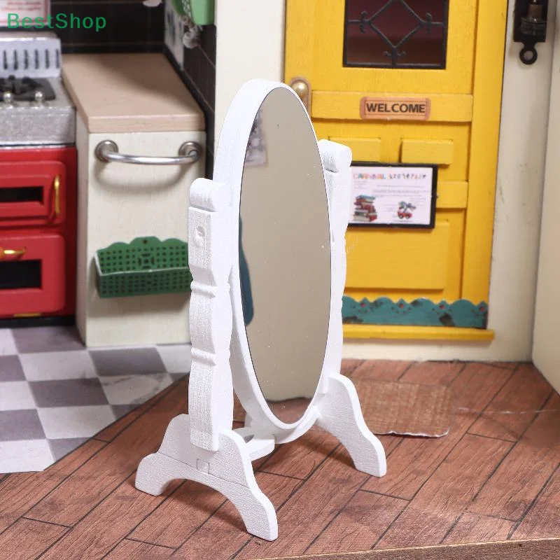 ★ ★ ★ 1:12 casa de muñecas Mini simulación clásica vertical de madera blanco tocador espejo de tocador muebles de sala de estar decoración Juguetes
