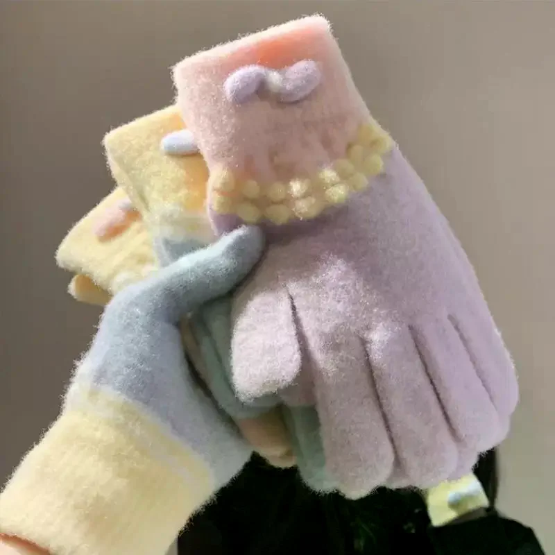 

2025 милые вязаные плюшевые перчатки с бантом, осенние и зимние теплые милые студенческие зимние перчатки с пятью пальцами