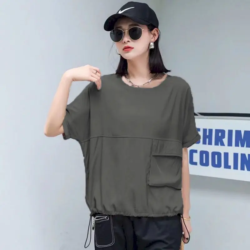 Fashion Drawstring T Shirts Women Loose Drape Design O-neck T-shirt Casual Pocket Short Sleeve Oversized Top Summer Trend Tshirt