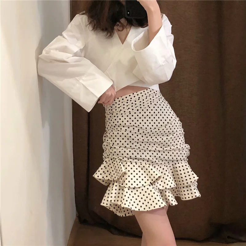 

Polka Dot Ruched Mini Skirt Women White Ruffle Vintage Bodycon Chic Skirt High Waist Holiday Skirt Faldas