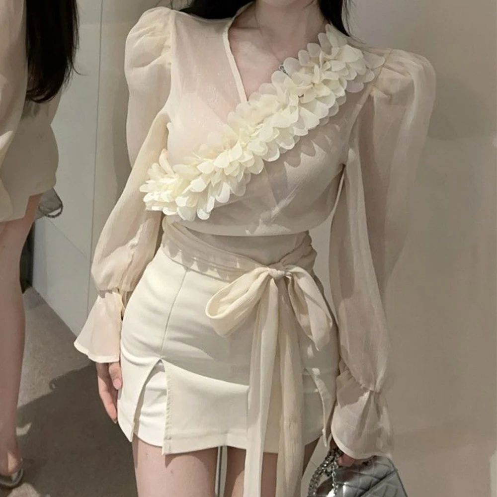 French bubble sleeve chiffon shirt women's summer pure desire French v-neck small top beautiful court style shirt