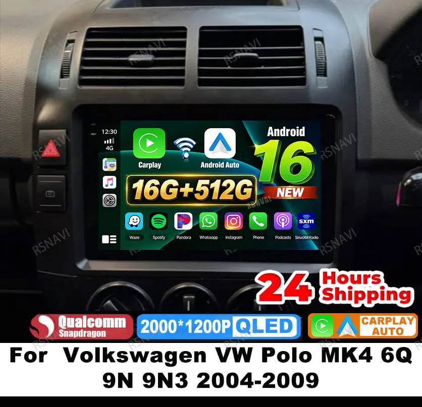 Car Radio Android 16 For  Volkswagen VW Polo MK4 6Q 9N 9N3 2004-2009 4G LTE Stereo Multimedia Autoradio Wireless Carplay Auto BT