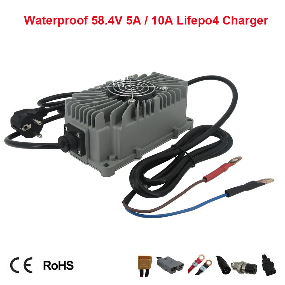 

Waterproof 58.4V 5A 10A Lifepo4 Fast Charger 16S 51.2V 48V Iron Phosphate RV Forklift Golf Cart LFP Battery Smart Chargers