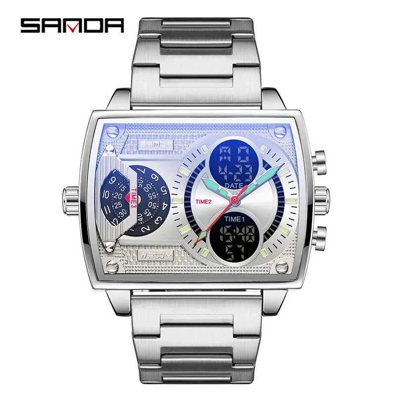 Sanda 6032 New Square Watch Fashionable Sports Multi functional Student Electronic Watch Skull Men's Waterproof Watch(Free shipp