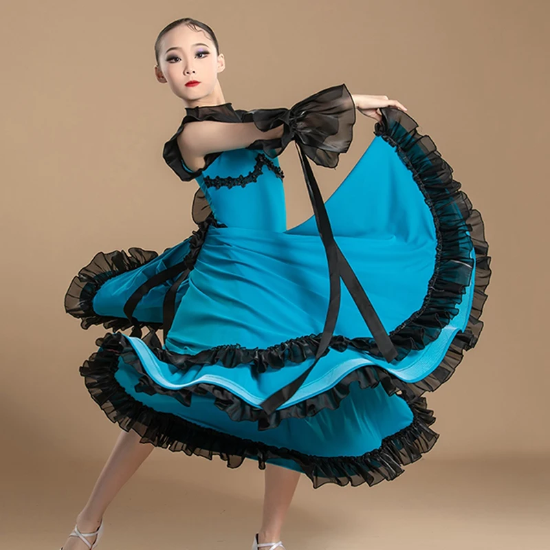 New Summer Girls Ballroom Dance Competition Suit Blue Sleeveless Dress Waltz Modern Dancing Costume Ball Gown Standard VDL294