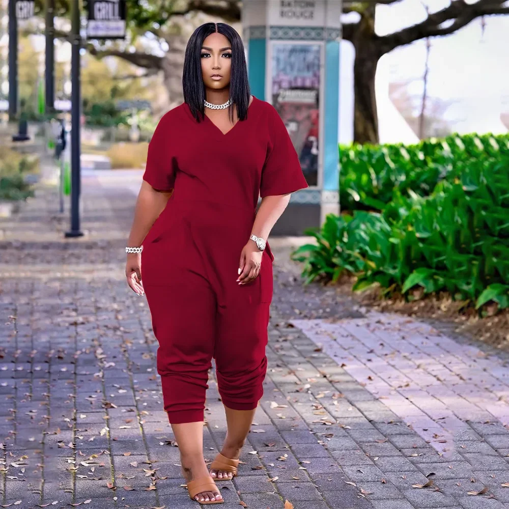 Chocomist Jumpusits Fashion Casual Solid V-neck Loose Women Jumpsuits F8059