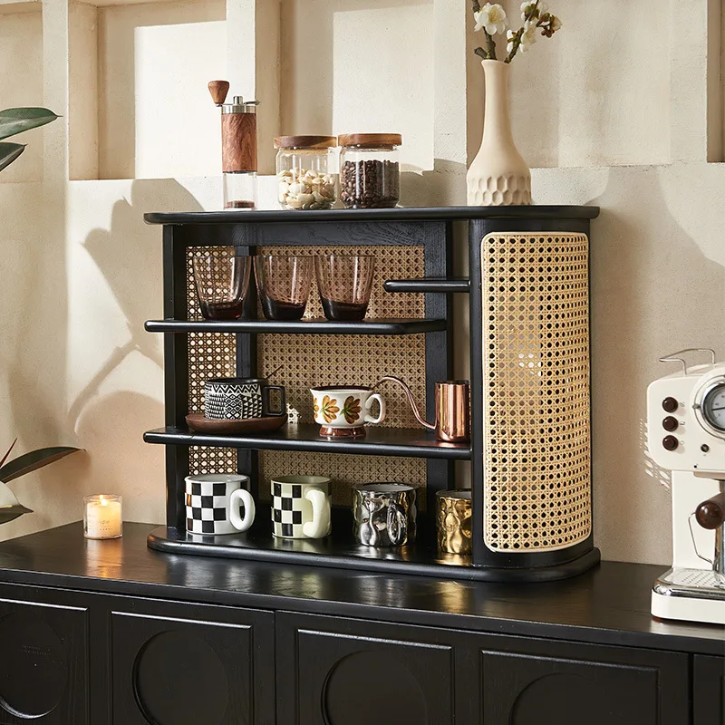 Solid wood retro rattan rack desktop storage rack tea pet tea table display rack coffee cup kung fu tea cup shelf