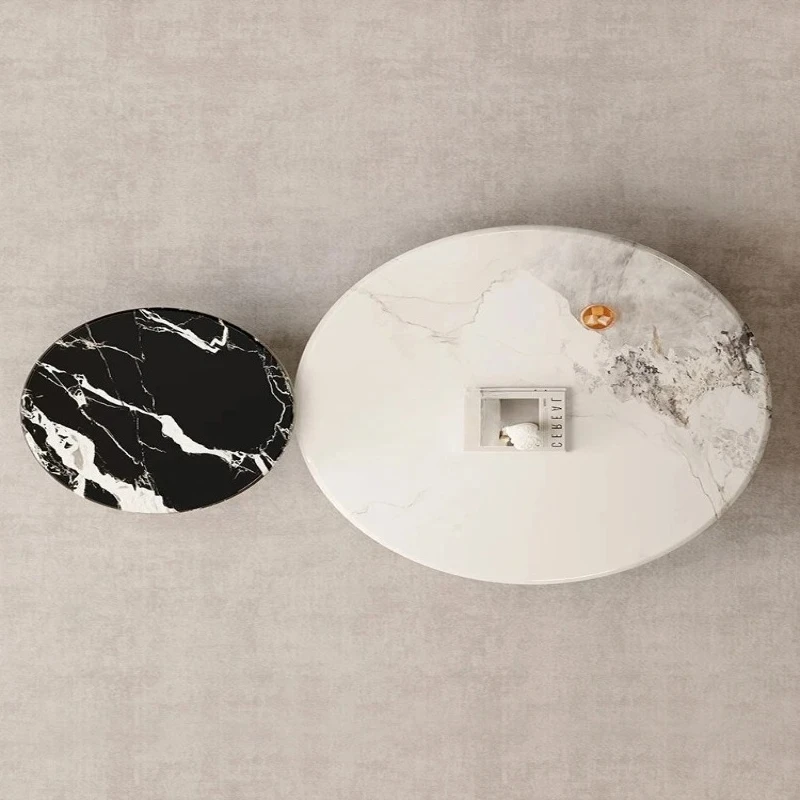 Italian minimalist home high-end modern light luxury living room round rock slab coffee table