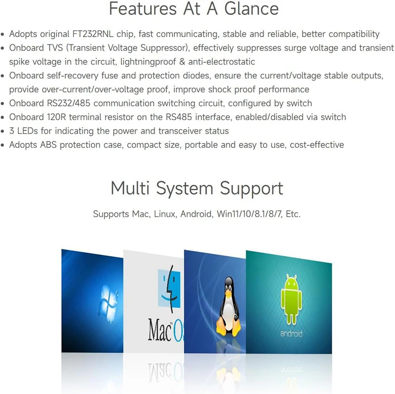 Convertitore industriale da USB a TTL Waveshare con supporto integrato originale FT232RNL Win7/8/8.1/10/11, Mac, Linux, Android, Wince