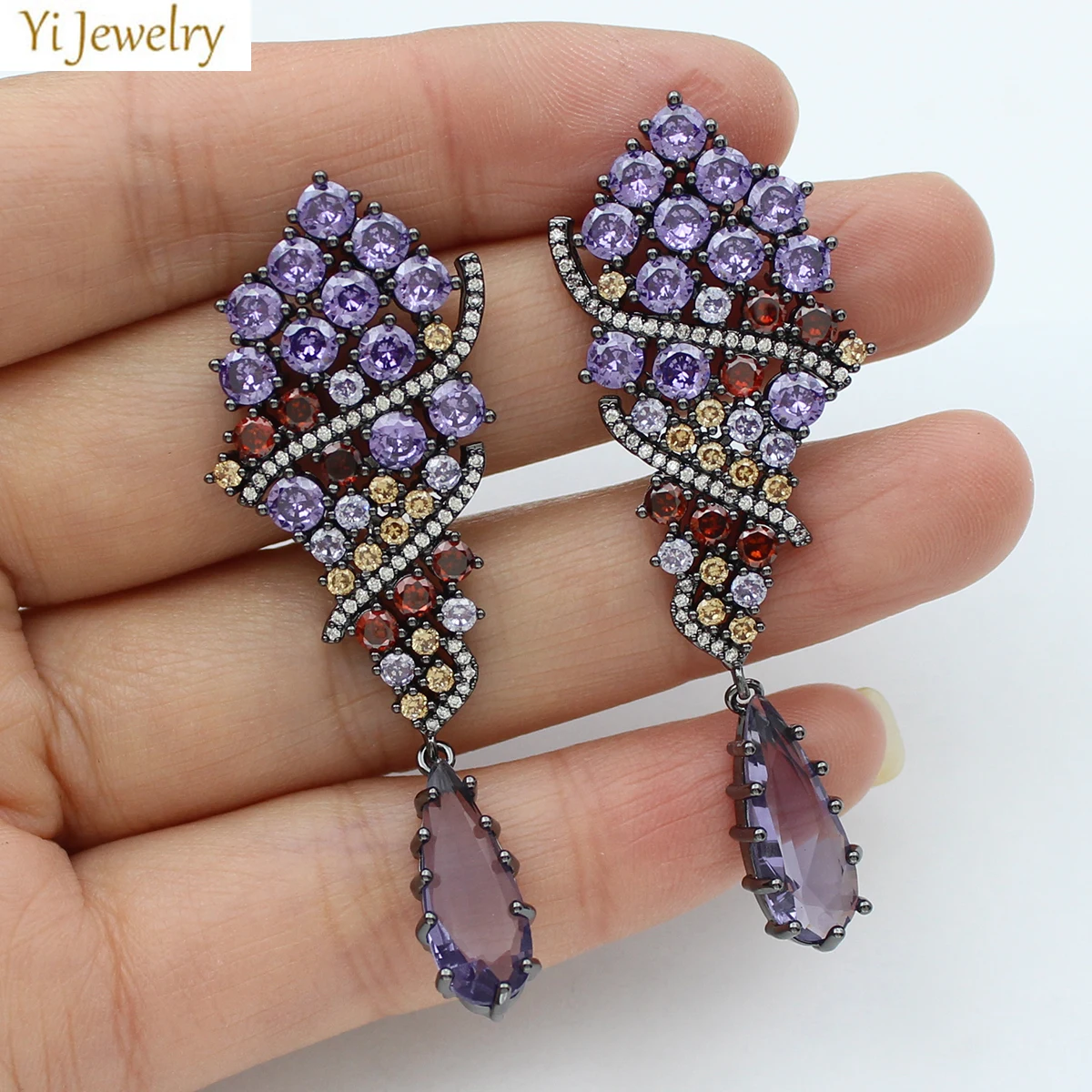 

Fushia Purple White Earrings Zirconia Long Pendant Elegant Jewelry for Women Dinner Party Daily Wear