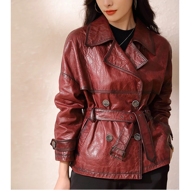 Roupas Femininas Autumn Women\'s Suit Collar Lace-up Waist Oil Wax Sheepskin Gabardina Mujer Vintage Red Wine Short Trench Coats