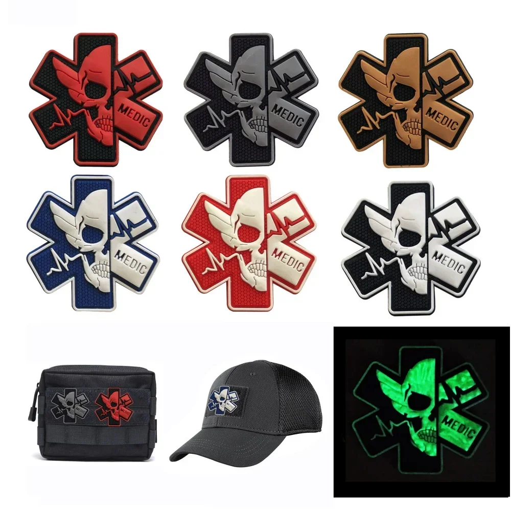 Paramedic Hook Patches Skull Badge Medic Military Tactical Glow In Dark PVC Patch Medical Sewing Accessories Sticker for Clothes