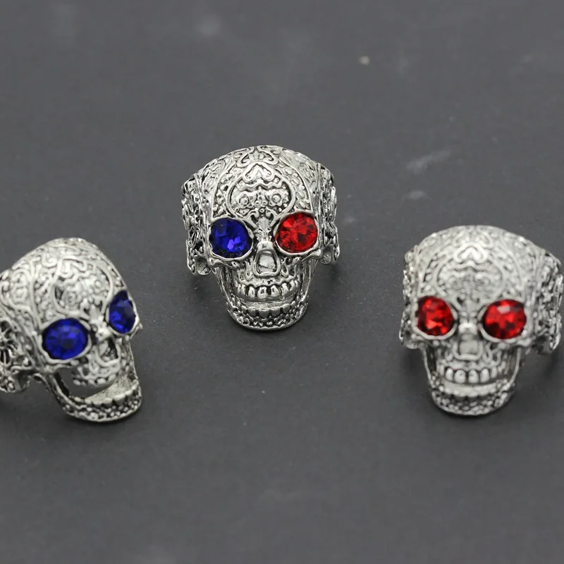 Aggressive Zircon Carved Skeleton Head Ring Personalized Punk Men's Ring with Adjustable Opening