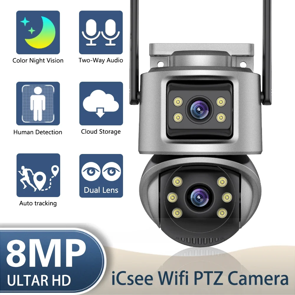 ICSEE 4K Dual Lens Wifi PTZ Camera Outdoor 2 Way Audio Wireless CCTV Security Surveillance Camera Auto Tracking IP Cam XMEYE