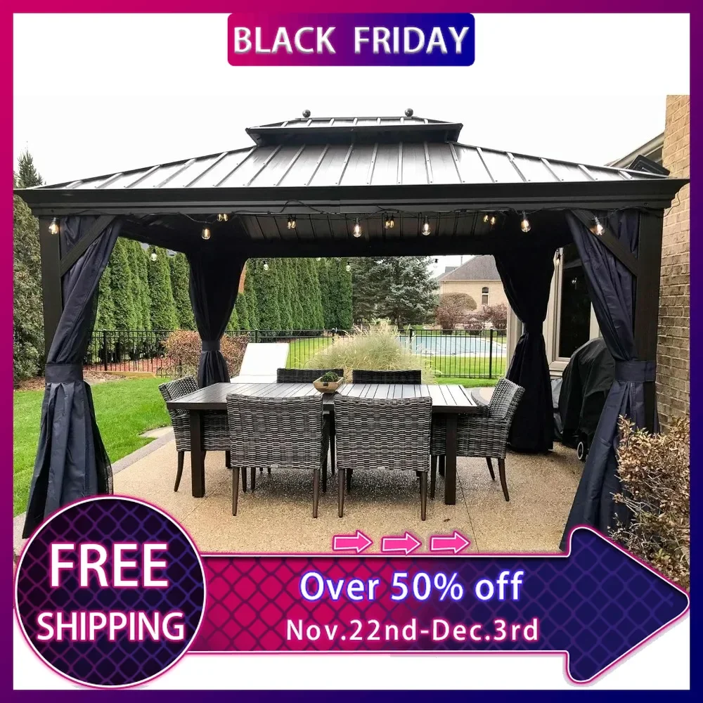 10' X 12' Hardtop Gazebo Canopy with Netting and Curtains for Outdoor Deck Backyard Heavy Duty Sunshade Outside Metal Patio