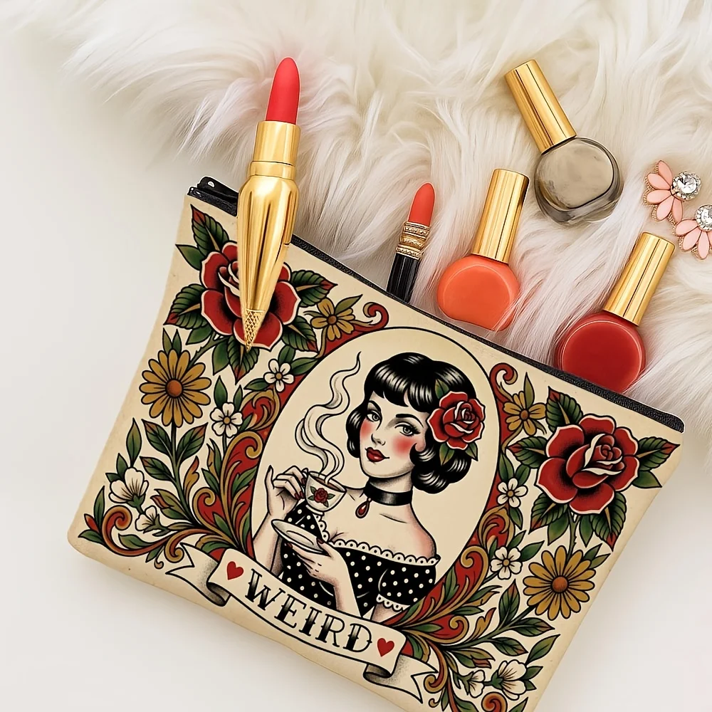 Tattoo Art Weird Woman with Tea Cup Red Rose Floral Cosmetic Bag Portable Travel Makeup Pouch Ladies Toiletry Storage Gift