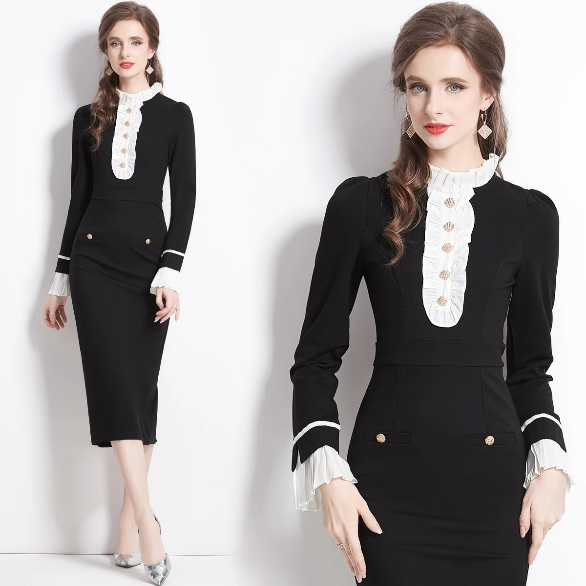 

2023 New Silk French Hepburn Style Long Sleeve Dress with Contrast Panel O-Neck Slim Fit Black Mid length Wrap Hip Long Dress