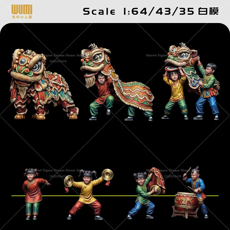 1/64 Scale Miniature Scene Dolls Un-panited White Figure Mini Model ‌Children Performing The Lion Dance Little Lion Dancers