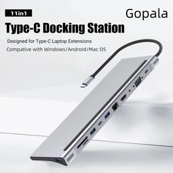 Gopala-Multi-Port Laptop Dock, USB C Docking Station, 4K HDMI, VGA, Ethernet, SD, MicroSD, 3.5mm Port para MacBook, 11 em 1