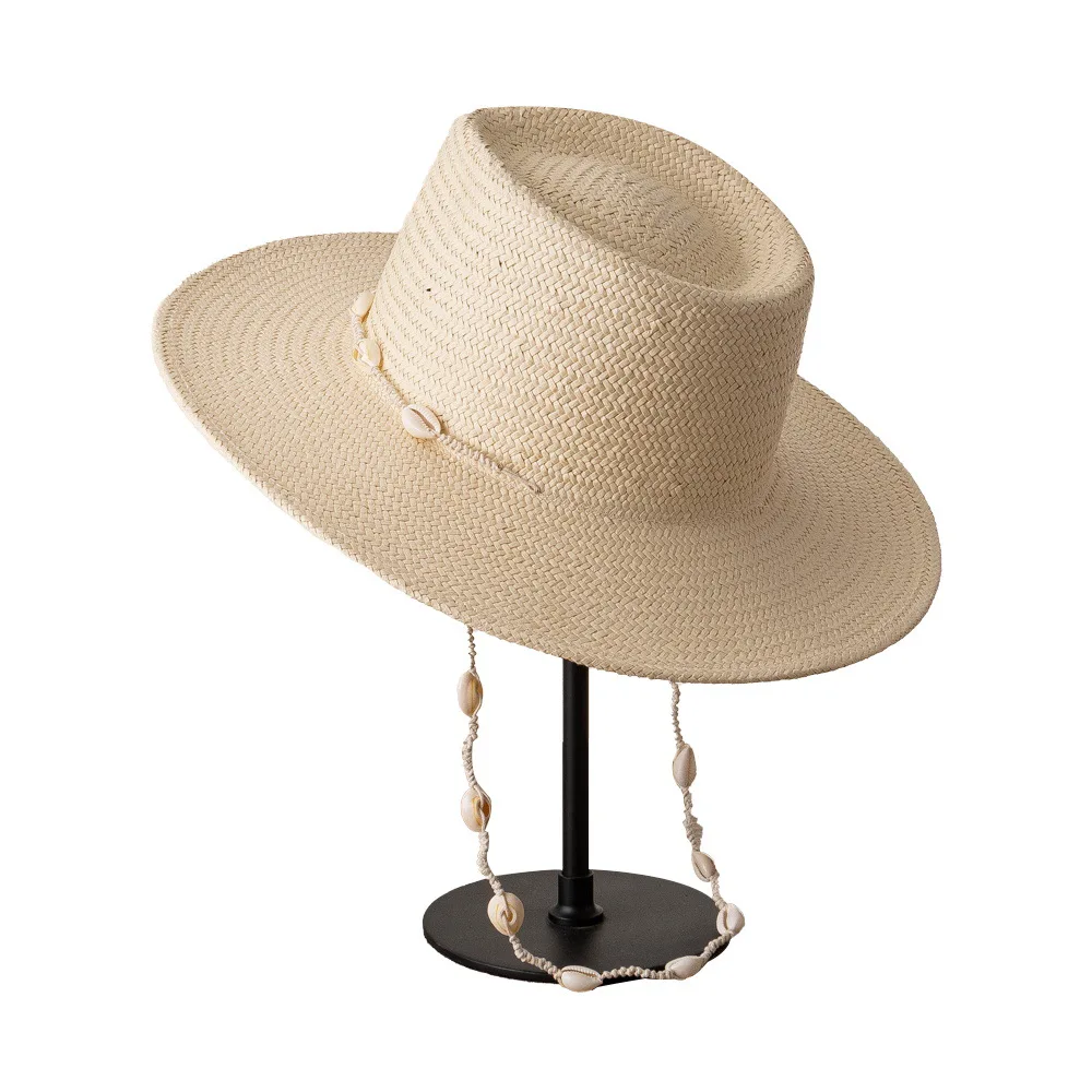 Summer Panama Hats for women Sun Hat with Long Shell conch Chain Straw Hats Vintage Style Fedora Female Outdoor Travel Beach Hat