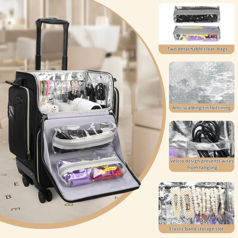 

【Factory Price】Hairstylist Suitcase With Rotatable Wheels Hairstylist Bag With Removable Pouch Heat Insulation Haircut Tool