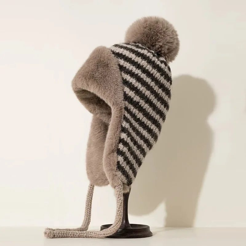 

Korean Striped Hairball Knitted Lei Feng Hat for Men and Women in Winter with Velvet Ear Protectors To Keep Warm Bomber Hats