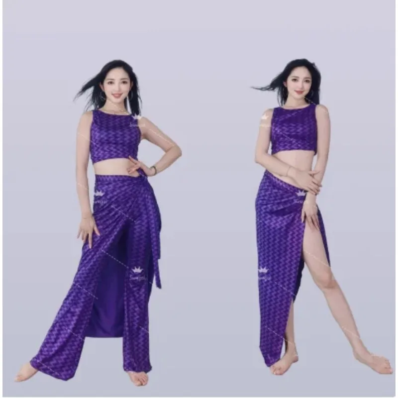 Abito da pratica di danza del ventre SWEGAL personalizzato viola scuro modello canotta gonna avvolta pantaloni 3 pezzi pantaloni belli