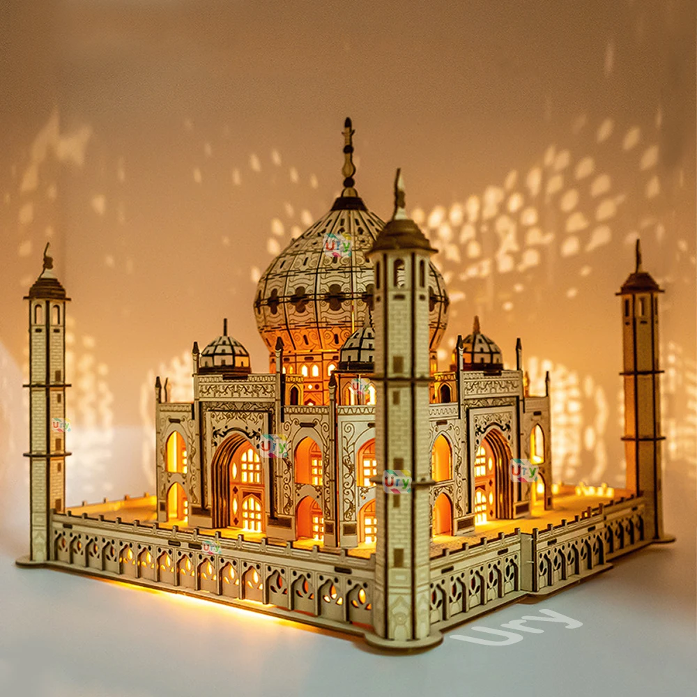 3D Wooden Puzzle House Royal Castle Taj Mahal With Light Assembly Toy For Kids Adult DIY Model Kits Desk Decoration for Gifts