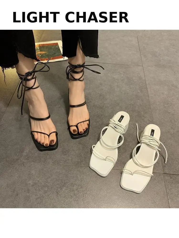 Summer Women Sandals Narrow Band Vintage Square Toe High Heels Cross Strap Thong Sandals Women V Shape Design Shoes Women Sexy