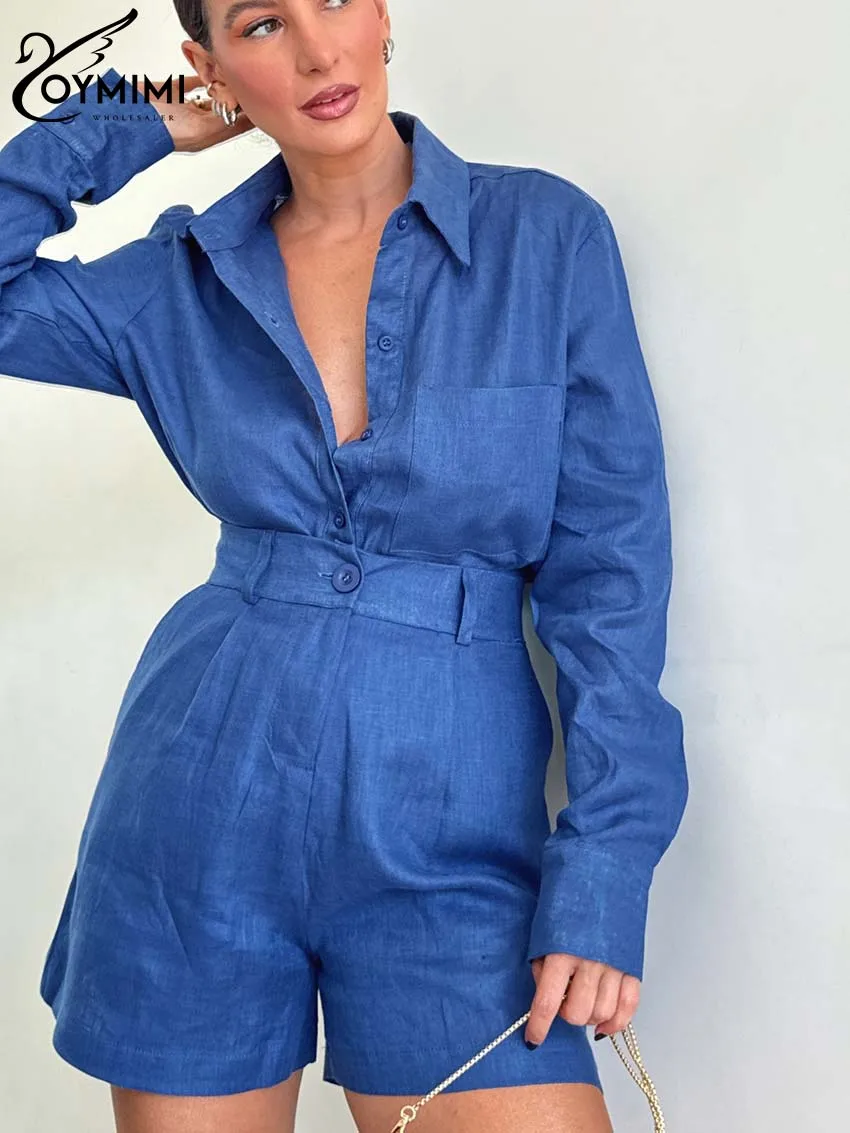 Oymimi Casual Blue Cotton Women 2 Piece Set Outfit Elegant Lapel Long Sleeve Buitton Pockets Shirts And High Waisted Shorts Sets