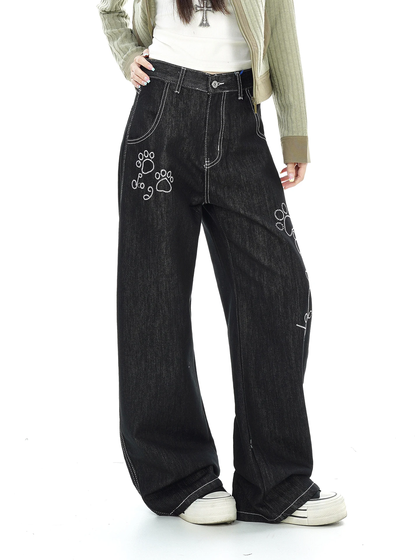 Embroidered Dog Loose Wide Leg Jeans Women's Fashionable American Retro Style Autumn New Loose Fit Casual Comfortable Denim