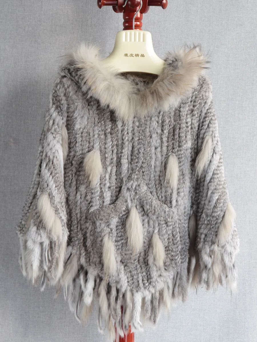 2025 foreign trade quality hare fur raccoon hair hooded cape shawl, pullover fur cape rabbit fur jacket