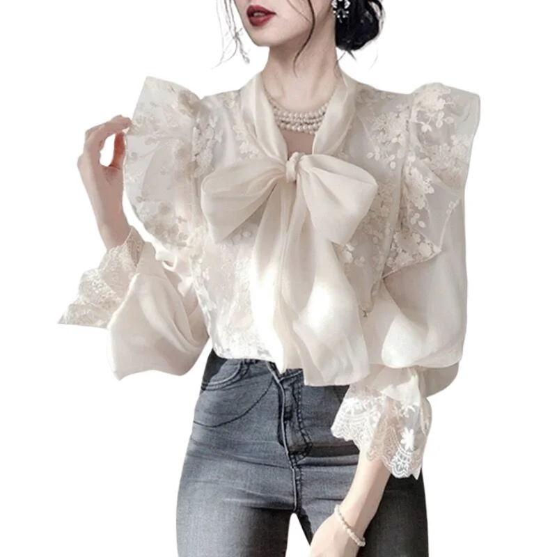 

Korean Style Fashionable Slimming French Lace-up Bow High-end Fashionable Age-reducing Shirt for Women in Autumn
