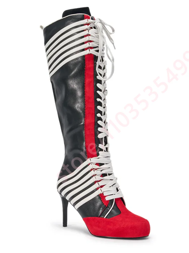 2026 New Black Red Color Block Striped Knee High Boots Women Full Lace Up Thin Stiletto High Heel Fashion Streetwear Long Boots