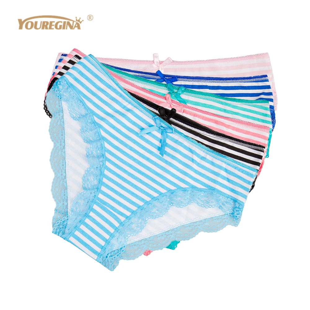 Cotton Panties Stripes Lace Edge Lovely Cute Sexy Underwear Women Plus Size Briefs for Ladies Intimates 5 pcs/lot