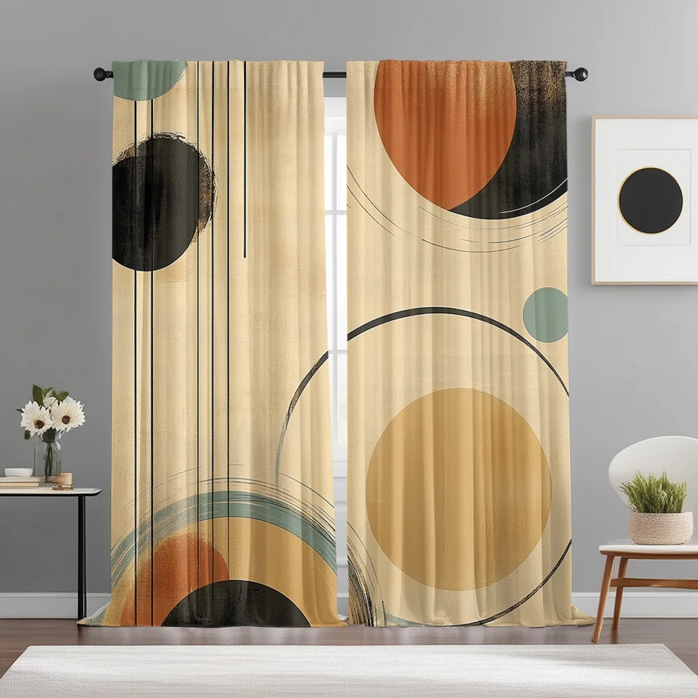 2pcs Mid-Century Geometric Curtains Beige Terracotta Sage Black Rod Pocket Polyester Light Filtering Modern Decor Living Room